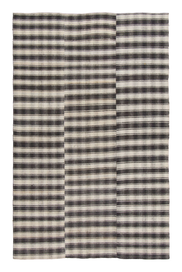 Vintage Panelled Kilim Rug with Checkered Stripes in Black & White - Rug & Kilim