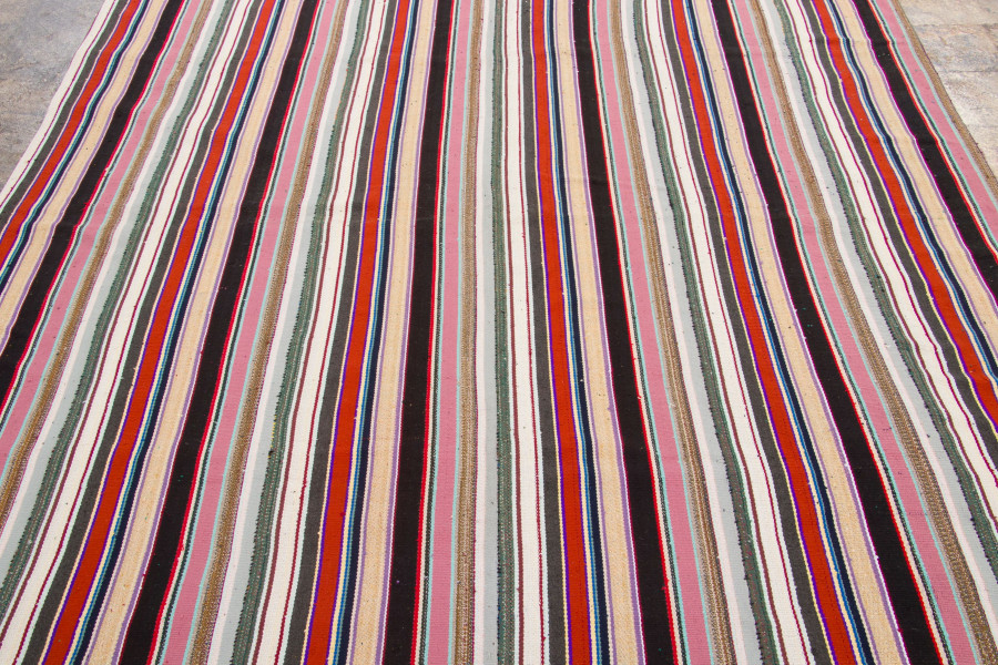 Hover image of Vintage Chaput Kilim Rug with Vibrant Pink, Red & Black Stripes - Rug & Kilim
