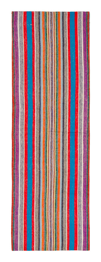 Vintage Chaput Kilim Runner with Vibrant Blue, Red & Pink Stripes - Rug & Kilim