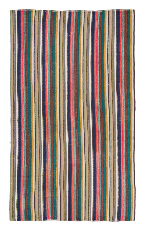 Vintage Chaput Kilim Rug with Stripes in Coral, Navy & Brown Hues - Rug & Kilim
