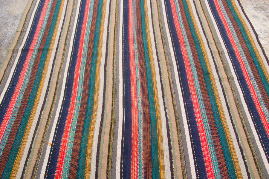 Hover image of Vintage Chaput Kilim Rug with Stripes in Coral, Navy & Brown Hues - Rug & Kilim