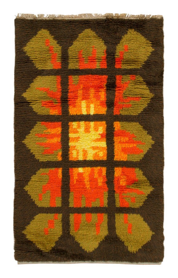Vintage Swedish Rya Rug with Orange & Green Grid Pattern - Rug & Kilim