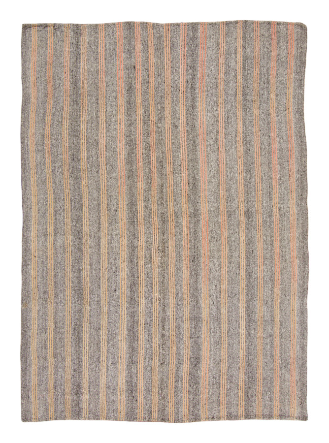 Vintage Turkish Kilim Rug with Stripes in Warm Beige & Gray - Rug & Kilim