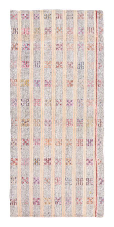 Vintage Turkish Kilim Runner with Folk Designs in Red & Gray - Rug & Kilim