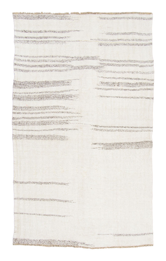 Vintage Turkish Kilim Rug with Stripes in Minimal Cream & Charcoal - Rug & Kilim