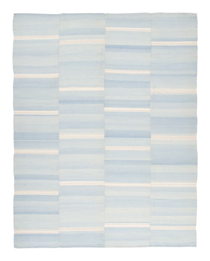 Vintage Panelled Kilim Rug with Striped Design in Tonal Blue Hues - Rug & Kilim