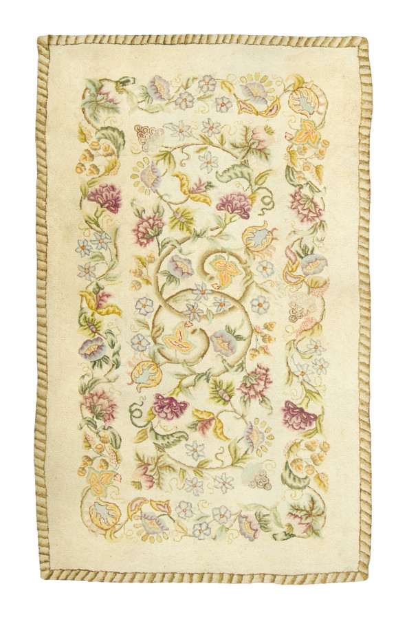 Antique Hooked Rug with Scrolling Foliage in Warm Pastel Hues - Rug & Kilim