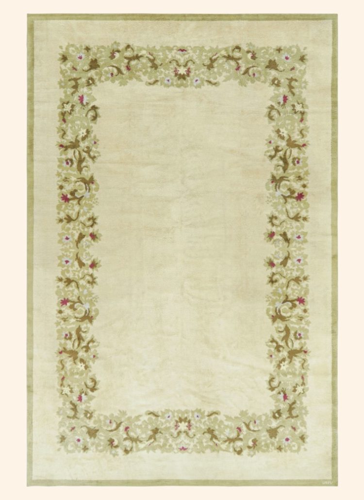Made with hand-knotted wool in France circa 1920-1930, this 10x15 antique French Art Deco rug is an extremely collectible piece from Leleu Decorateur—the work of an iconic family label known for their impact on an iconic design movement. Details >> Made with hand-knotted wool in France circa 1920-1930, this 10x15 antique French Art Deco rug is an extremely collectible piece from Leleu Decorateur—the work of an iconic family label known for their impact on an iconic design movement. Details >>