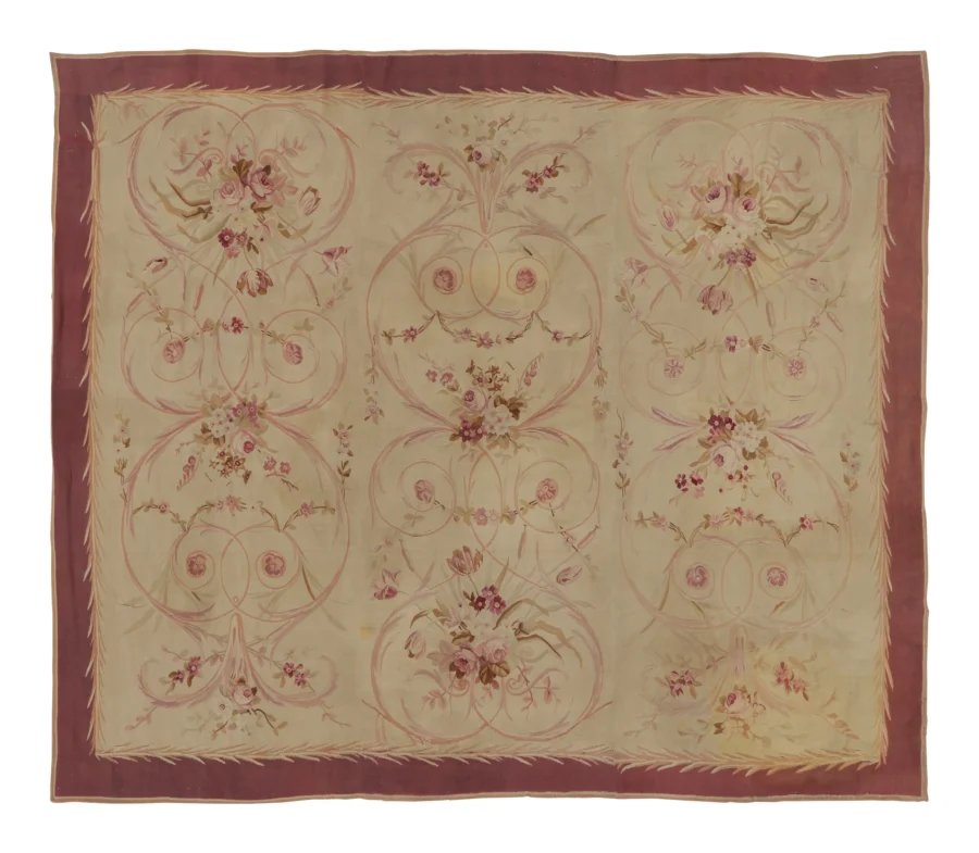 Vintage French Aubusson Carpet with Floral Cartouches & Rose Garlands in Red
