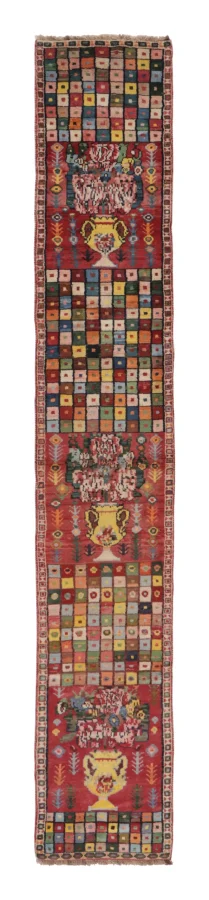 Vintage Gabbeh Extra-Long Runner with Garden Urns & Colorful Mosaic Grid - Rug & Kilim