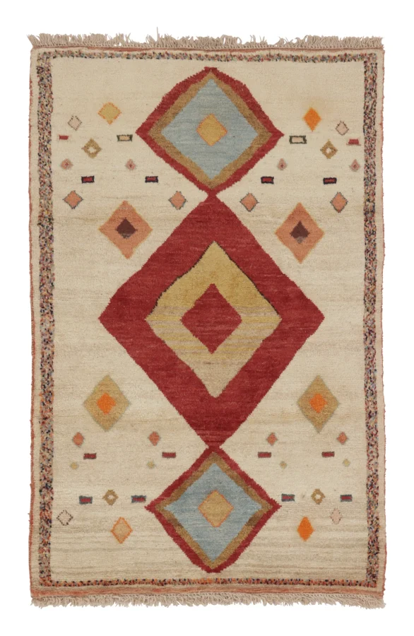Vintage Gabbeh Tribal Rug in Beige with Concentric Diamond Medallions - Rug & Kilim