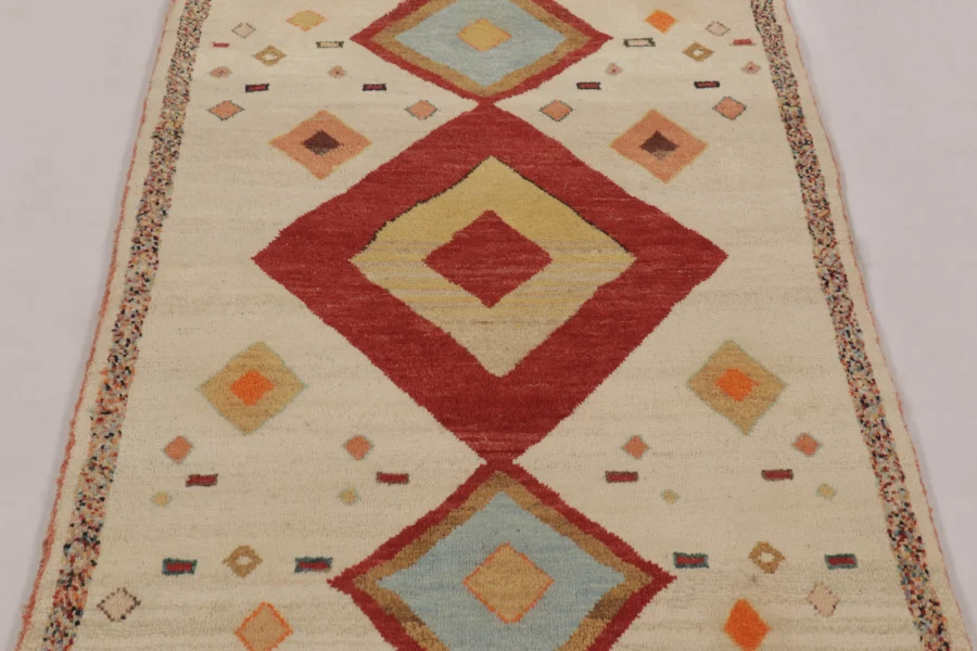 Hover image of Vintage Gabbeh Tribal Rug in Beige with Concentric Diamond Medallions - Rug & Kilim