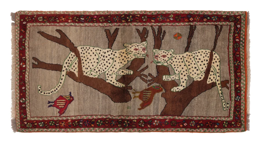 Vintage Gabbeh Pictorial Runner with Leopards on Trees in Brown - Rug & Kilim