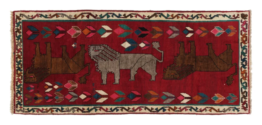 Vintage Gabbeh Pictorial Runner with Three Lion Motifs in Crimson - Rug & Kilim