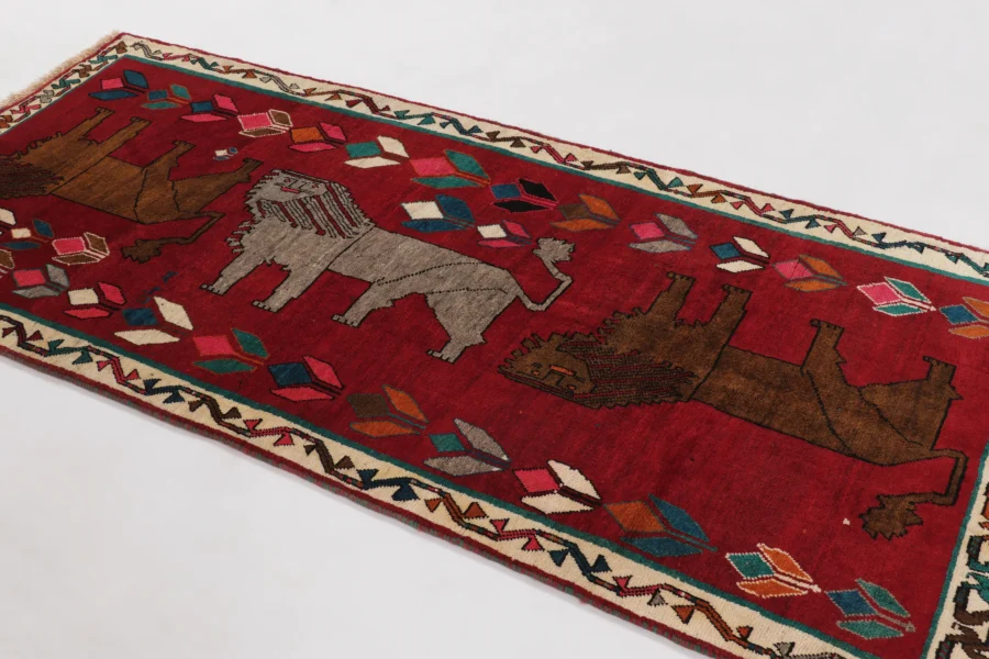 Hover image of Vintage Gabbeh Pictorial Runner with Three Lion Motifs in Crimson - Rug & Kilim