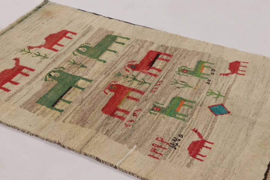 Hover image of Vintage Gabbeh Rug with Animal Pictorials in Red & Green - Rug & Kilim