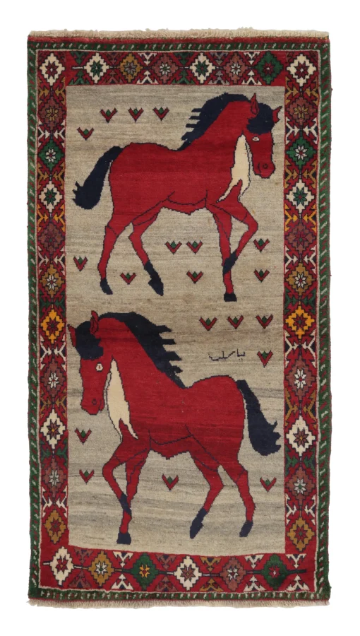 Vintage Gabbeh Pictorial Runner with Twin Red Horses & Folk Motifs - Rug & Kilim