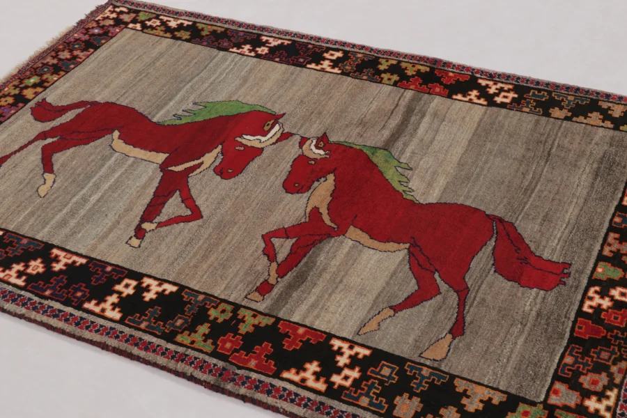 Hover image of Vintage Gabbeh Rug with Twin Horse Pictorial Design in Crimson & Beige - Rug & Kilim