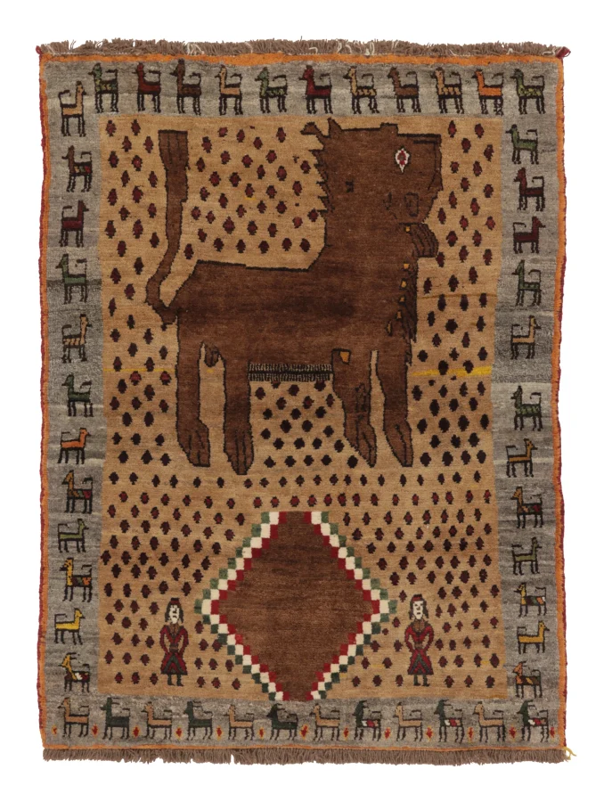 Vintage Gabbeh Rug with Animal Pictorial Design in Gray & Brown - Rug & Kilim