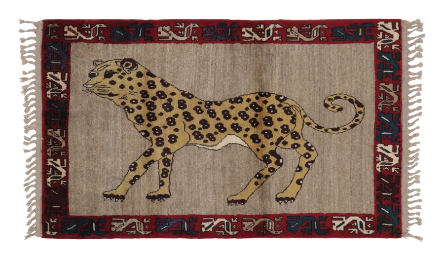 Vintage Gabbeh Rug with Leopard Pictorial Design in Gold & Red - Rug & Kilim
