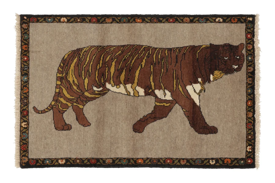 Vintage Gabbeh Rug with Tiger Pictorial Design in Brown & Beige - Rug & Kilim