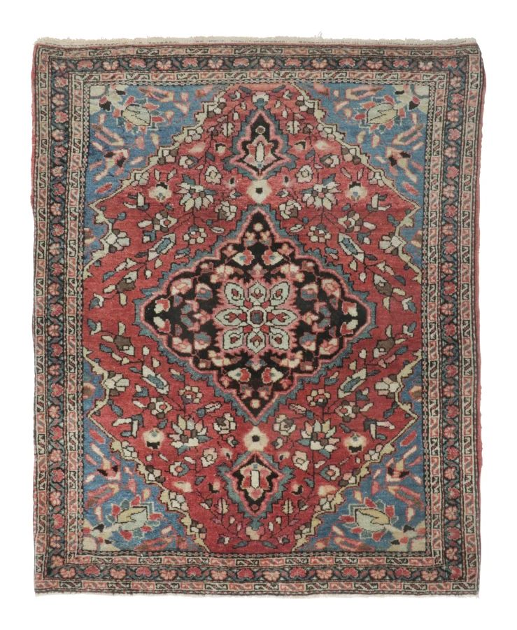 Antique Persian Farahan Gift-Sized Rug with Floral Medallion in Red - Rug & Kilim
