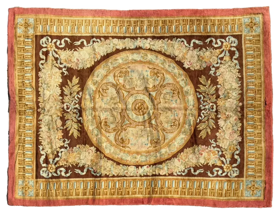Antique 19th Century Aubusson Rug with Grand Medallion in Gold - Rug & Kilim