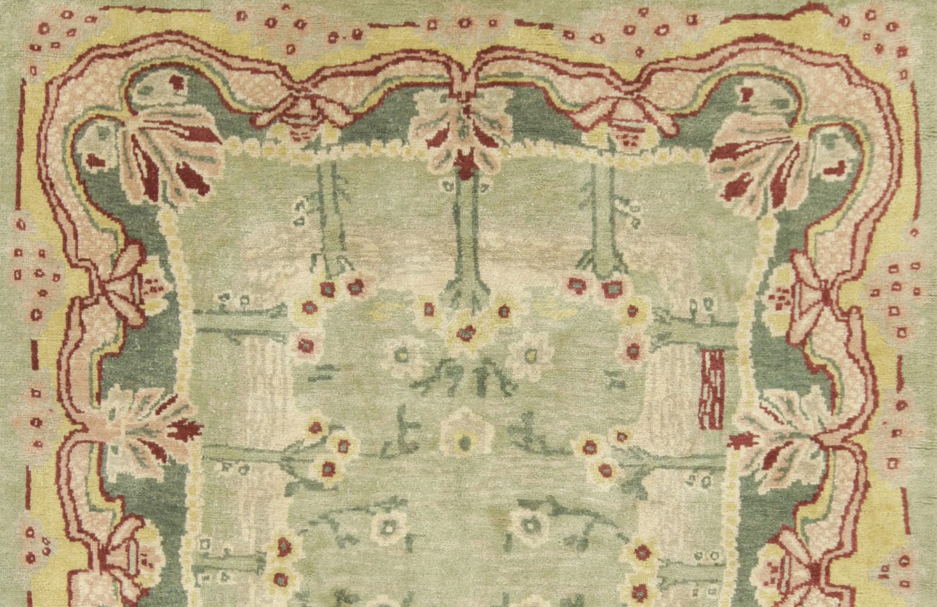 Hand-knotted in wool, circa 1900-1909, this 9x11 Antique French Savonnerie rug is a unique approach to the Arts & Crafts movement, and an exciting new collectible from Rug & Kilim’s European rug collection—a design possible from the works of C.F.A. Voysey, with a partial signature in its upper corner. Details >> Hand-knotted in wool, circa 1900-1909, this 9x11 Antique French Savonnerie rug is a unique approach to the Arts & Crafts movement, and an exciting new collectible from Rug & Kilim’s European rug collection—a design possible from the works of C.F.A. Voysey, with a partial signature in its upper corner. Details >>